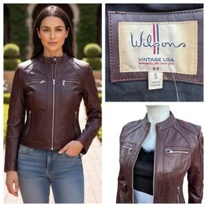 Wilsons‎ 90's Vintage USA Leather Moto Biker Jacket Burgundy Dark Red Racer Sz S
